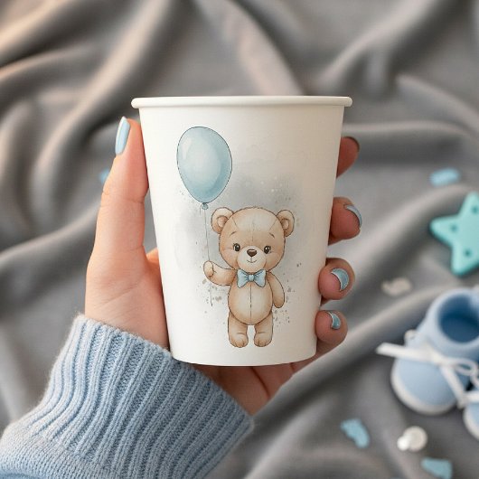 Baby Shower for Boy Blue Balloon, Teddy Bear & Bow 紙コップ