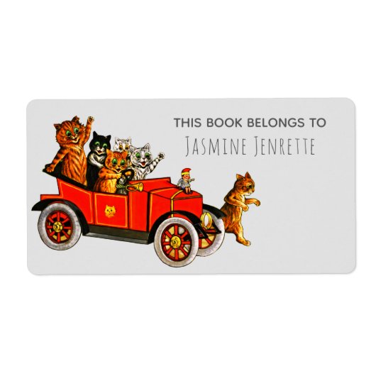 Baby Shower Funny Cartoon Cats Retro Car Purple ラベル (正面)