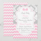 Baby shower girl invitation pink chevron and grey 招待状 (正面/裏面)