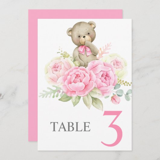 Baby Shower Girl Pink BearTable sign 招待状 (正面/裏面)