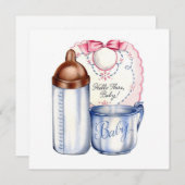 Baby Shower invitation bib, bottle and cup 招待状 (正面/裏面)