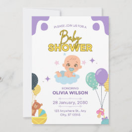 Baby Shower Invitation Blue Minimal Elegant 招待状