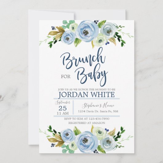 Baby shower invitation boy, blue floral invite 招待状 (正面)