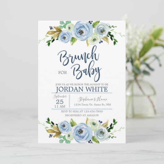 Baby shower invitation boy, blue floral invite 招待状 (スタンド正面)