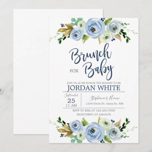 Baby shower invitation boy, blue floral invite 招待状 (正面/裏面)