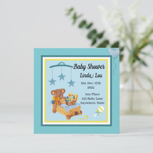 Baby Shower Invitation Boy Teddy Bear Blue  招待状 (スタンド正面)