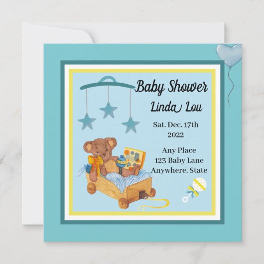 Baby Shower Invitation Boy Teddy Bear Blue  招待状 (正面)