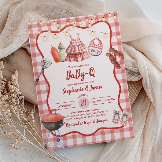 Baby Shower Invitation: Coed BBQ Party Red Gingham 招待状