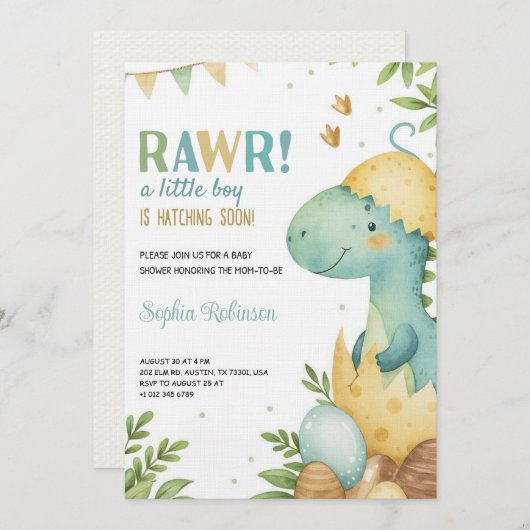 Baby shower invitation featuring a dinosaur 招待状 (正面/裏面)