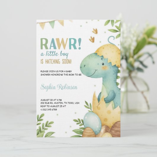 Baby shower invitation featuring a dinosaur 招待状 (スタンド正面)