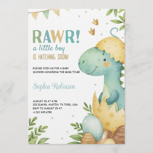 Baby shower invitation featuring a dinosaur 招待状 (正面)