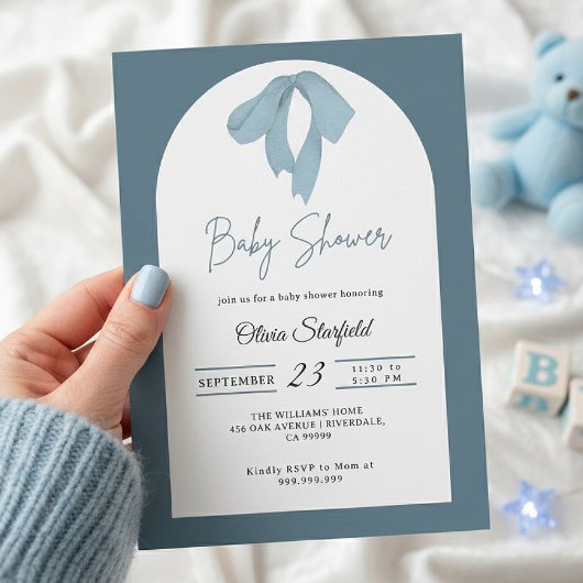 Baby Shower Invitation for Boy – Blue Bow, Modern 招待状