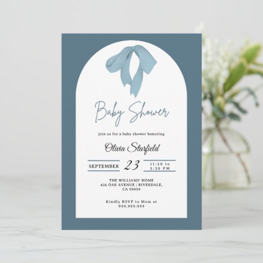 Baby Shower Invitation for Boy – Blue Bow, Modern 招待状 (スタンド正面)