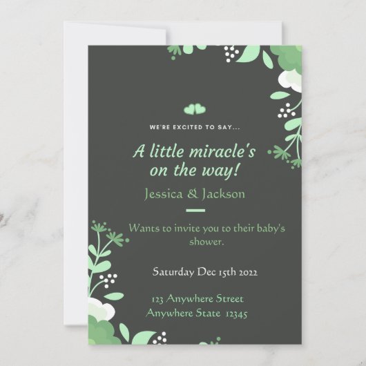 Baby Shower Invitation Green & Black 招待状 (正面)