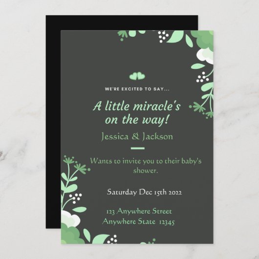 Baby Shower Invitation Green & Black 招待状 (正面/裏面)