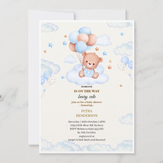 Baby shower invitation in the shape of a blue  招待状 (正面)