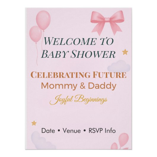Baby Shower Invitation Pink Bow Joyful Beginnings  ポスター (正面)