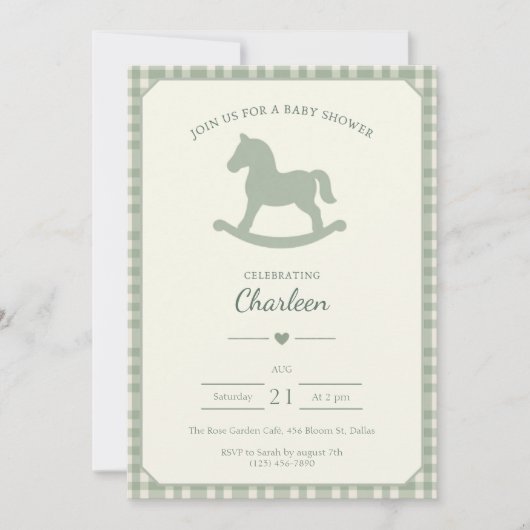 Baby Shower Invitation Sage Green Rocking Horse 招待状 (正面)