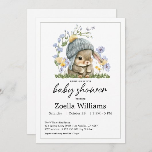 Baby Shower Invitation Sweet Little Bunny (正面/裏面)