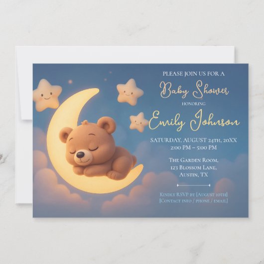 Baby Shower Invitation – Teddy Bear on the Moon 招待状 (正面)