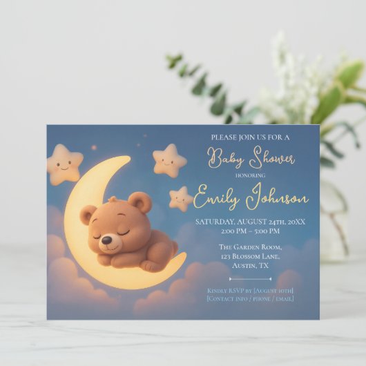 Baby Shower Invitation – Teddy Bear on the Moon 招待状 (スタンド正面)