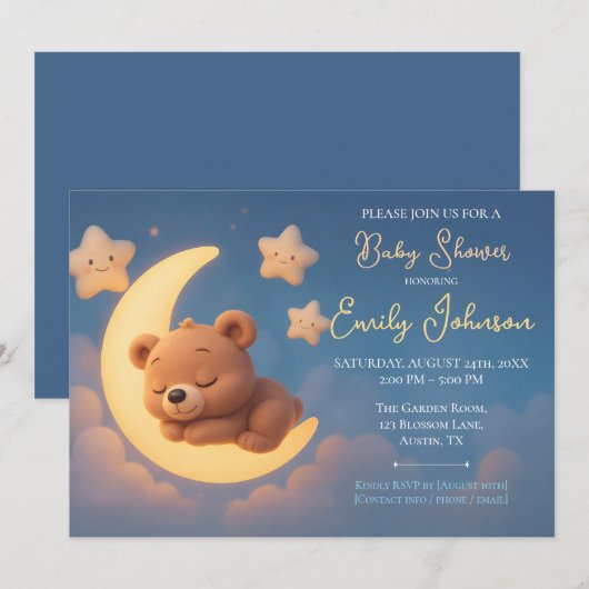 Baby Shower Invitation – Teddy Bear on the Moon 招待状 (正面/裏面)