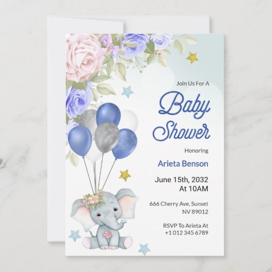 Baby shower invitation with a cute elephant  招待状 (正面)
