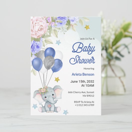Baby shower invitation with a cute elephant  招待状 (スタンド正面)