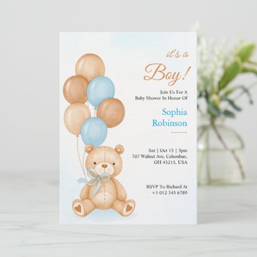 Baby shower invitation with a cute teddy bear  招待状 (スタンド正面)