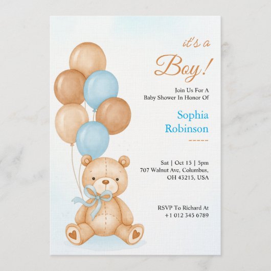 Baby shower invitation with a cute teddy bear  招待状 (正面)