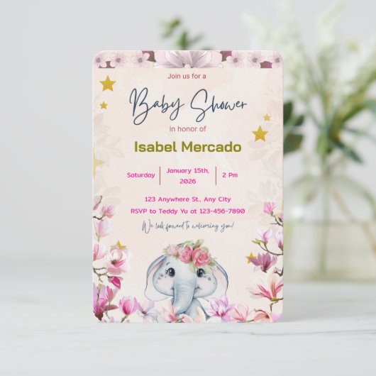 Baby Shower Invitation with Floral Elephant. 招待状 (スタンド正面)