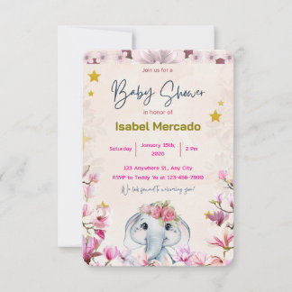 Baby Shower Invitation with Floral Elephant. 招待状