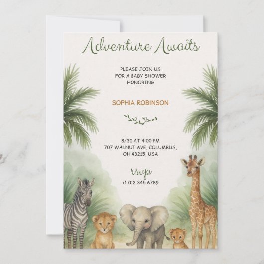 Baby shower invitation with jungle themed animals  招待状 (正面)