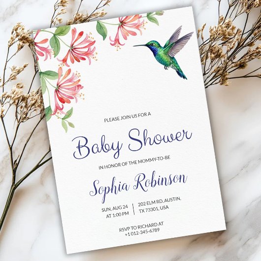 baby shower invitation with pink flowers and bird 招待状