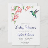 baby shower invitation with pink flowers and bird 招待状 (正面)