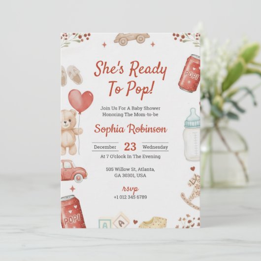 Baby shower invitation with playful teddy bear  招待状 (スタンド正面)