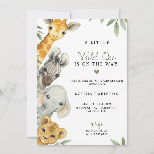 Baby shower invitation with watercolour animals 招待状 (正面)