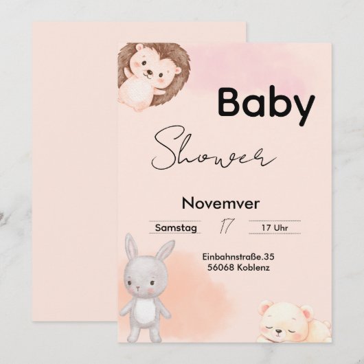 Baby Shower Invitation Woodland Animals  招待状 (正面/裏面)