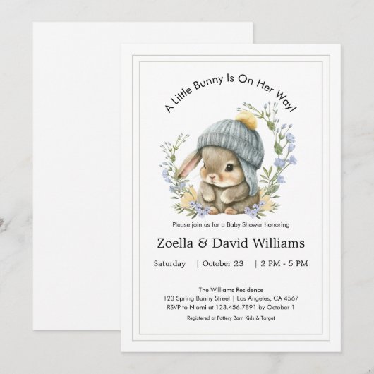 Baby Shower Invitations Watercolor Simple Bunny 招待状 (正面/裏面)