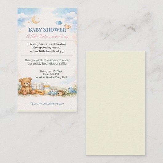 Baby Shower Invite | Teddy Bear Diaper Raffle エンクロージャーカード (正面/裏面)