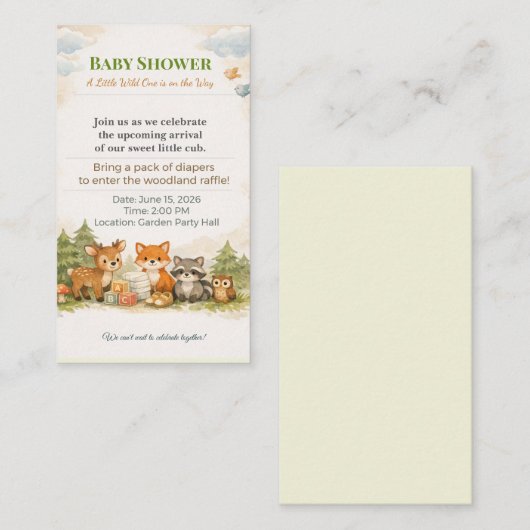 Baby Shower Invite | Woodland Diaper Raffle Card エンクロージャーカード (正面/裏面)