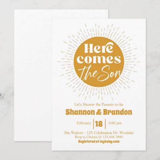 Baby Shower、It's a Boy、Sun、レトロ 招待状 (正面/裏面)