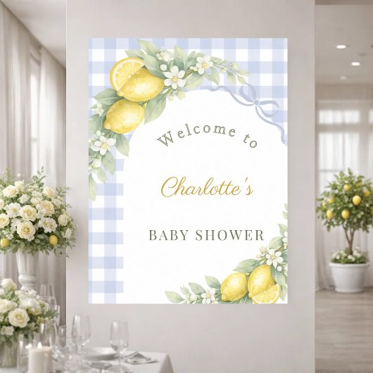 Baby Shower lemons blue gingham bow boy welcome ポスター