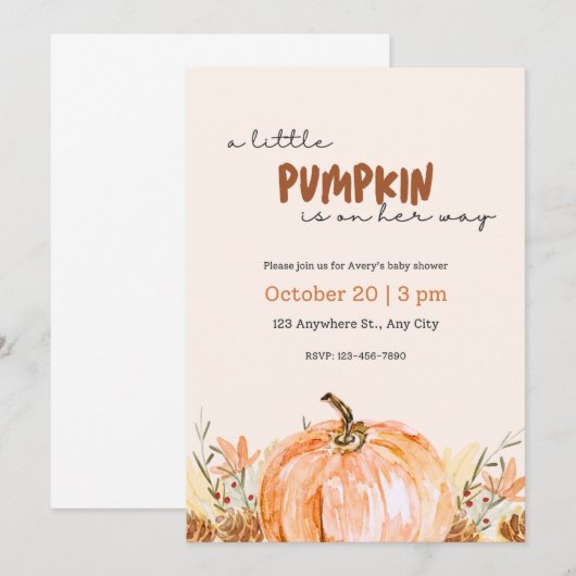 Baby Shower Little Pumpkin Fall Invitation 招待状 (正面/裏面)