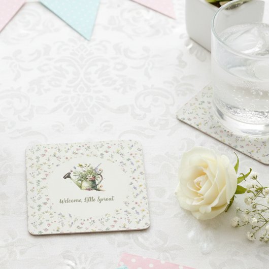 Baby Shower - "Little Sprout" Floral スクエアペーパーコースター