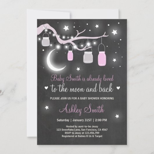 Baby Shower Love You to the Moon Shower girl pink 招待状 (正面)