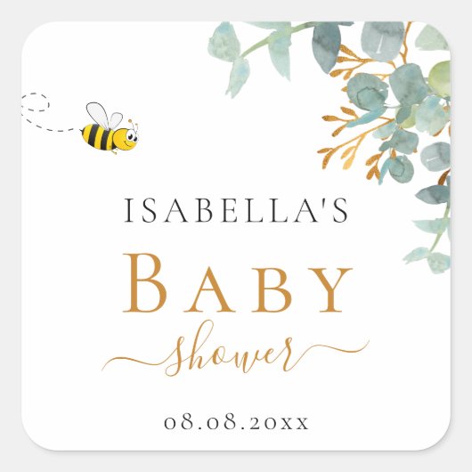 Baby Shower mom to bee eucaluptusスクリプト スクエアシール (正面)