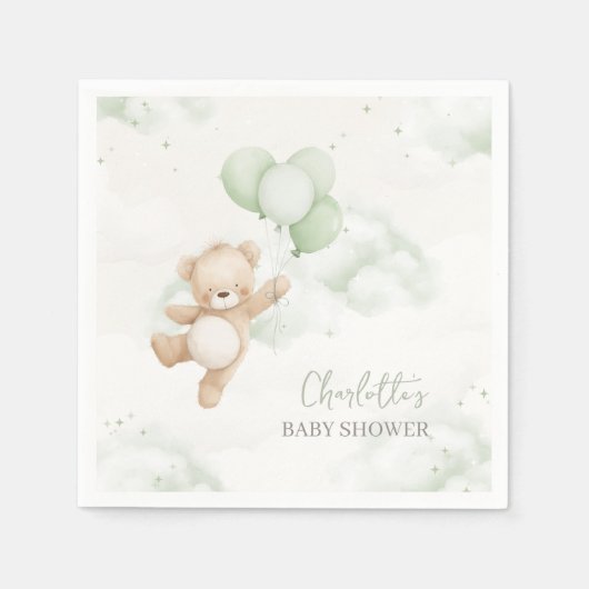 Baby Shower Napkins Bearly Wait Sage Green Balloon スタンダードカクテルナプキン (正面)
