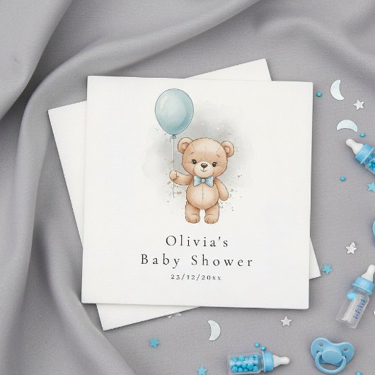 Baby Shower Paper  for Boy Blue Balloon Teddy Bear スタンダードカクテルナプキン