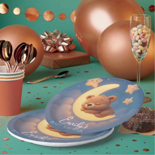 Baby Shower Paper Plates – Teddy Bear on the Moon ペーパープレート (複数)